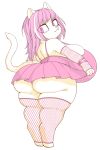  accessory amad_no_moto anthro big_breasts big_butt blush bottomwear breasts butt cheeky_panties clothing clothing_lift domestic_cat felid feline felis female fishnet fishnet_legwear fur hair hi_res huge_breasts huge_butt hyper hyper_breasts legwear mammal panties pink_eyes pink_hair short_stack simple_background skirt skirt_lift solo underwear white_body white_fur 