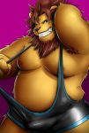  2020 anthro armpit_hair belly body_hair bulge felid hi_res kemono lion male mammal moobs nipples noko_illust overweight overweight_male pantherine simple_background solo wrestling_singlet 