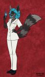  2020 alishka anthro blue_hair brown_eyes clothed clothing digital_media_(artwork) eyebrows eyelashes female hair hi_res mammal procyonid raccoon red_background simple_background smile solo 