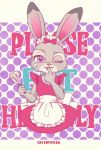  anthro apron clothed clothing disney dotted_background eating english_text female fur grey_body grey_fur hi_res holding_object judy_hopps lagomorph leporid mammal one_eye_closed pattern_background purple_eyes rabbit simple_background solo srmy_nkjd7 text zootopia 