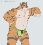  absurd_res anthro arm_support belly black_stripes bulge cheek_tuft clothed clothing facial_tuft fangs felid fur hi_res jockstrap leaning looking_at_viewer machairodontine male mammal multicolored_body multicolored_fur musclegut muscular muscular_male nipples orange_body orange_fur pecs quads radonryu rama_(snowwolf03) sabertooth_(anatomy) smile solo standing stripes topless tuft underwear underwear_only white_body white_fur 