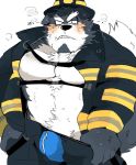  2020 anthro barazoku blush bodily_fluids bottomwear bulge canid canine canis clothing domestic_dog firefighter hat headgear headwear humanoid_hands hyaku_(artist) kemono male mammal pants solo sweat underwear undressing 