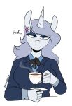  anthro beverage blue_eyes blue_eyeshadow clothing cup equid eyeshadow fan_character female horn looking_at_viewer makeup mammal my_little_pony redxbacon saucer suit tea tea_cup unicorn unimpressed 