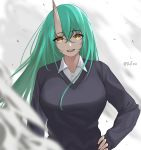  1girl :d alternate_costume arknights bangs breasts casual collared_shirt commentary_request dress_shirt dutou eyebrows_visible_through_hair green_hair grey_sweater hair_between_eyes hand_on_hip highres horn hoshiguma_(arknights) large_breasts long_hair long_sleeves looking_at_viewer oni_horn open_mouth scar shirt skin-covered_horns smile sweater white_shirt yellow_eyes 