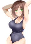  1girl :o armpits arms_up bangs black_swimsuit blush breasts brown_hair cleavage collarbone competition_swimsuit eyebrows_visible_through_hair green_eyes highres idolmaster idolmaster_cinderella_girls kibihimi large_breasts looking_at_viewer maekawa_miku one-piece_swimsuit open_mouth short_hair sideboob simple_background solo swimsuit water wet white_background 