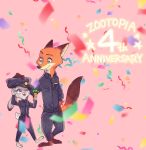  2020 anthro barefoot bottomwear canid canine clothed clothing confetti dipstick_ears disney duo english_text fox fully_clothed fur grey_body grey_fur hat headgear headwear hi_res judy_hopps looking_at_another mammal mcgl618 mochigolo618 multicolored_ears necktie nick_wilde one_eye_closed pants pink_background police_uniform red_fox shirt simple_background smile standing text topwear uniform zootopia 