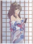  1girl absurdres artist_name bare_shoulders breasts brown_eyes brown_hair cellphone cleavage closed_mouth collarbone expressionless eyebrows_visible_through_hair floral_print futaba_rio glasses highres holding holding_phone japanese_clothes kimono large_breasts long_hair long_sleeves looking_at_viewer off-shoulder_kimono phone ponytail scrunchie seishun_buta_yarou smartphone solo takkikun wavy_hair 