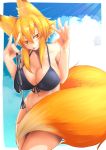  2019 5_fingers absurd_res amber_eyes big_breasts bikini blonde_hair bottomless breasts canine_humanoid cloud day female fluffy_tail fox_humanoid hi_res holding_object humanoid ishimizu08 kitsune_sign lens_flare looking_at_viewer navel outside slit_pupils smile solo swimwear three-quarter_portrait yellow_fur 