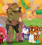  alcohol angry animal_crossing anthro armor beverage bob_(animal_crossing) canid canine chameleon choker clothed clothing crossover disembodied_tail domestic_cat doom_(series) doom_guy drunk eulipotyphlan felid feline felis female fire flick_(animal_crossing) group gun headgear hedgehog helmet hi_res human id_software isabelle_(animal_crossing) jewelry jinu lizard mabel_able male mammal necklace nintendo outside raccoon_dog ranged_weapon reptile rosie_(animal_crossing) scalie shotgun substance_intoxication timmy_nook tom_nook_(animal_crossing) tommy_nook tree video_games weapon 