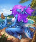  absurd_res anthro beach big_breasts breasts butt claws detailed_background dragon fangs female fish green_eyes hair hi_res looking_at_viewer looking_back marine merrunz nipples nude oksara_(character) palm_tree purple_hair rock rubber sea seaside shark side_boob sitting sky smile smug solo stripes tree tropical water 