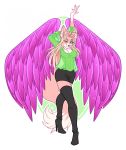  2020 ahoge anthro blue_eyes boots breasts canid canine canis clothed clothing digital_media_(artwork) donetis eyebrows eyelashes female fingers footwear fur hair hi_res looking_at_viewer mammal mariah_veiethe nails one_eye_closed pink_body pink_fur simple_background smile solo standing wings wink wolf 