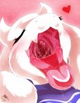  &lt;3 abstract_background anthro blush bodily_fluids boss_monster bovid breasts bust_portrait caprine close-up clothed clothing eyes_closed fangs female fluffy_ears fur gaping_mouth hi_res horn mammal memento~mori mouth_shot open_mouth portrait saliva solo throat tongue tongue_out topwear toriel undertale uvula video_games white_body white_fur 