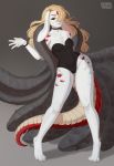  4_toes 5_fingers anthro barefoot blonde_hair breasts charmrage clothed clothing eyebrows eyelashes female fingers fur hair hi_res hybrid red_body red_eyes red_scales scales toes white_body white_fur 