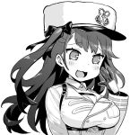  1girl :3 azur_lane bow breasts cleavage collarbone collared_shirt fang gloves greyscale hair_bow hat hori_(hori_no_su) large_breasts long_hair long_sleeves looking_away monochrome open_mouth pamiat_merkuria_(azur_lane) shirt smug solo twintails upper_body 