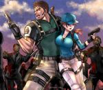  1boy 1girl blue_eyes breasts brown_hair chris_redfield cleavage cloud denim facial_hair gloves gun handgun hat jeans jill_valentine large_breasts long_hair muscle nagare pants ponytail resident_evil resident_evil_5 weapon zombie 