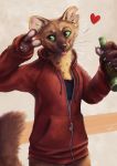  &lt;3 2020 anthro black_nose bottle brown_body brown_fur clothed clothing detailed fur green_eyes holding_bottle holding_object hoodie inner_ear_fluff kebi mammal marten mustelid musteline notched_ear pine_marten smile solo tongue tongue_out topwear tuft whiskers 