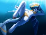  5_fingers absurd_res anthro bikini bubble clothing equid equine fan_character female fingers fish grin hi_res hooves hybrid mammal marine my_little_pony navel one_eye_closed shark smile solo swimwear the-minuscule-task underwater water wings wink 