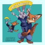  2020 amarimo anthro barefoot blue_background bottomwear brown_body brown_fur buckteeth canid canine cheek_tuft clothed clothing dated disney duo english_text facial_tuft fox fully_clothed fur green_eyes grey_body grey_fur hi_res holding_object judy_hopps lagomorph leporid looking_at_viewer mammal nick_wilde open_mouth open_smile pants purple_eyes rabbit red_fox shirt sign signature simple_background smile t-shirt teeth text topwear tuft zootopia 
