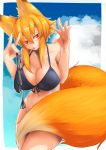  2019 5_fingers absurd_res amber_eyes big_breasts bikini blonde_hair bottomless breasts canine_humanoid cloud day female fluffy_tail fox_humanoid hi_res holding_object humanoid ishimizu08 kitsune_sign looking_at_viewer navel outside slit_pupils smile solo swimwear three-quarter_portrait yellow_fur 