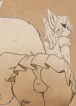  anthro balls balls_in_panties blue_eyes bottomwear bulge canid canine clothed clothing crossdressing fluffy fluffy_ears fluffy_tail fox genitals girly hi_res looking_at_viewer looking_back male mammal multi_tail raised_tail rika shirt sketch skirt solo topwear underwear upskirt 