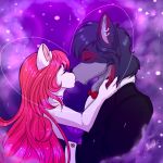  &lt;3 abstract_background absurd_res anthro artemis_tsukino black_nose black_tie_(suit) bow_tie canid canine canis clothing couple_(romantic) couple_love domestic_cat dress duo embrace eyes_closed felid feline felis female fur hair hand_on_neck hi_res holidays kissing long_hair lycos_ryugen male male/female mammal multicolored_body multicolored_fur nails painted_nail piercing pink_hair pink_nose starcaller suit valentine&#039;s_day waist_up white_body white_fur wolf 