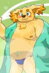  belly bird_dog blush canid canine canis clothed clothing cu_sith_(tas) domestic_dog golden_retriever hunting_dog ikubaru male mammal moobs nipples overweight overweight_male partially_clothed retriever speedo swimwear tokyo_afterschool_summoners undressing video_games 