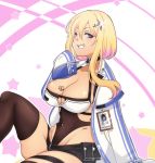  +_+ 1girl anchor_choker arm_support azur_lane bangs belt belt_pouch black_belt black_legwear black_leotard black_shorts blonde_hair blue_eyes breast_tattoo breasts cleavage coat collarbone commentary_request covered_navel cowboy_shot eyebrows_behind_hair glint grin groin gyaru hair_between_eyes hair_ornament hairclip highres id_card knee_up large_breasts leotard leotard_under_clothes looking_at_viewer marblehead_(azur_lane) micro_shorts midriff multicolored_hair navel_piercing open_clothes open_coat piercing pouch short_hair_with_long_locks shorts sidelocks sitting skindentation sleeves_past_fingers sleeves_past_wrists smile solo star starry_background tan tattoo thigh_strap thighhighs utani_(punishment) white_background white_coat 