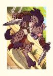  anthro armor bodily_fluids border bracers brown_body brown_fur dagger ear_piercing fangs fur gnoll hi_res hyaenid kerri_aitken male mammal melee_weapon outside pauldron piercing saliva solo spots spotted_body spotted_fur tongue tongue_out weapon white_border 