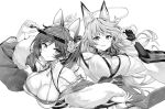  2girls animal_ears arm_up azur_lane blush breasts cleavage closed_mouth collarbone elbow_gloves expressionless eyebrows_visible_through_hair fingerless_gloves fox_ears fox_tail gloves greyscale grin highres hori_(hori_no_su) jintsuu_(azur_lane) large_breasts long_hair looking_at_viewer monochrome multiple_girls parted_lips sendai_(azur_lane) smile sparkle sweat tail teeth very_long_hair 