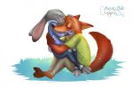 anthro barefoot bottomwear brown_body brown_fur canid canine clothed clothing collaboration dipstick_ears disney duo eyes_closed fox fully_clothed fur grass grey_body grey_fur guppic hug judy_hopps lagomorph leporid mammal michikochan multicolored_ears nick_wilde on_lap pants rabbit red_fox shirt simple_background sitting_on_lap smile topwear white_background zootopia 