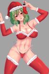  1girl absurdres arms_up bare_shoulders bra breasts christmas cleavage commentary_request covered_nipples curly_hair detached_sleeves earrings fur-trimmed_bra fur-trimmed_legwear fur-trimmed_sleeves fur_trim green_hair hair_between_eyes hat head_tilt highres holding jewelry kazami_yuuka large_breasts looking_at_viewer medium_hair midriff navel open_mouth panties puck100ml red_bra red_eyes red_legwear red_panties santa_costume santa_hat simple_background solo thighhighs touhou underwear underwear_only upper_teeth 