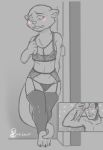  2019 anthro bodily_fluids claws clothing duo female female_focus flat_chested fur hair hi_res human legwear lingerie lutrine male male/female mammal monochrome mustelid nervous sweat thick_thighs thigh_highs vuko-jebina 