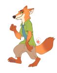  2019 absurd_res anthro barefoot black_nose bottomwear canid canine claws clothed clothing disney fox fully_clothed fur green_eyes hi_res inner_ear_fluff male mammal neck_tuft necktie nick_wilde pants pawpads red_fox sasamaru shirt signature simple_background smile solo toe_claws topwear tuft walking white_background zootopia 