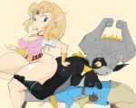  2020 armor big_butt blonde_hair blue_eyes breasts breath_of_the_wild butt cleavage clothed clothing ear_piercing ear_ring facesitting female group hair headgear helmet hi_res humanoid humanoid_pointy_ears hylian imp link male midna nintendo not_furry one_eye_obstructed piercing princess_zelda purple_yoshi_draws simple_background the_legend_of_zelda thick_thighs twili twilight_princess video_games yellow_sclera 