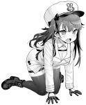  1girl all_fours azur_lane boots bow breasts cleavage collarbone collared_shirt crying crying_with_eyes_open eyebrows_visible_through_hair full_body gloves greyscale hair_bow hat hori_(hori_no_su) large_breasts long_hair long_sleeves looking_away monochrome open_mouth pamiat_merkuria_(azur_lane) shirt solo tears thighhighs twintails wavy_mouth 