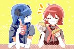  2girls :t ^_^ arknights bangs blue_eyes blue_hair blue_nails blush closed_eyes cup drinking_straw exusiai_(arknights) eyebrows_visible_through_hair facing_viewer food grey_shirt halftone hamburger hand_up hands_up holding holding_cup holding_food horns liu_(-liu) long_hair looking_at_another mostima_(arknights) multiple_girls nail_polish neckerchief outline red_hair red_neckwear shirt sidelocks smile upper_body white_outline yellow_background 