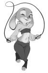  anthro breasts buckteeth clothed clothing dipstick_ears disney ears_down female fur greyscale hi_res honnari_hannya hoodie judy_hopps jump_rope lagomorph leporid looking_at_viewer mammal midriff monochrome multicolored_ears navel one_eye_closed open_mouth open_smile pivoted_ears rabbit simple_background small_breasts smile solo teeth toeless_footwear toeless_legwear topwear white_background wink zootopia 