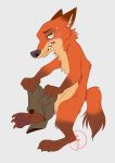  absurd_res anthro arm_tuft balls blush bodily_fluids canid canine cheek_tuft chest_tuft disney elbow_tufts facial_tuft fluffy fox genitals gloves_(marking) green_eyes grey_background hi_res inner_ear_fluff male mammal markings neck_tuft nick_wilde penis red_fox sasamaru simple_background solo sweat sweatdrop tuft zootopia 