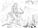  anthro black_and_white bow_(weapon) campfire clothed clothing female gnoll hotchkisstank hyaenid mammal monochrome ranged_weapon sitting snow solo tent tree weapon 