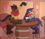  2020 alcohol annoyed anthro beverage clothed clothing drunk duo female fully_clothed hi_res inside kobold lilla_(rmaster) scalie starit substance_intoxication tarr tavern tongue tongue_out 