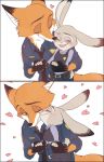  &lt;3 anthro blush brown_body brown_fur canid canine clothed clothing dipstick_ears disney duo eyes_closed fox fully_clothed fur grey_body grey_fur judy_hopps kissing lagomorph leporid mammal multicolored_ears necktie nick_wilde police_uniform rabbit red_fox shirt simple_background topwear uniform white_background zootopia 