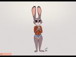  12-9 2020 anthro barefoot bottomwear clothed clothing dipstick_ears disney ears_up fully_clothed fur grey_background grey_body grey_fur hi_res holding_cup holding_object hotpants judy_hopps lagomorph leporid mammal multicolored_ears purple_eyes rabbit shirt shorts simple_background smile solo standing text topwear url zootopia 