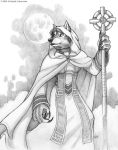  anthro blizzard_entertainment canid cape claws clothed clothing dress female fur hair hood kyoht_luterman magic_user mammal melee_weapon moon night outside priest simple_background solo staff traditional_media_(artwork) video_games warcraft weapon were werecanid worgen 
