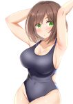  1girl :o armpits arms_up bangs black_swimsuit blush breasts brown_hair cleavage collarbone competition_swimsuit eyebrows_visible_through_hair green_eyes highres idolmaster idolmaster_cinderella_girls kibihimi large_breasts looking_at_viewer maekawa_miku one-piece_swimsuit open_mouth short_hair sideboob simple_background solo swimsuit white_background 