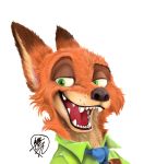  2019 anthro black_nose canid canine cheek_tuft clothed clothing dipstick_ears disney facial_tuft fangs fluffy fox fur green_eyes headshot_portrait hi_res inner_ear_fluff male mammal multicolored_ears necktie nick_wilde open_mouth open_smile orange_body orange_fur portrait red_fox sasamaru shirt signature simple_background smile teeth tongue topwear tuft white_background zootopia 