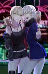  2girls ahoge artoria_pendragon_(all) black_nails blonde_hair blurry blurry_background boots breasts bubble_tea cup disposable_cup fate/grand_order fate_(series) fur-trimmed_jacket fur-trimmed_sleeves fur_trim grey_hair hand_in_pocket highres jacket jeanne_d&#039;arc_(alter)_(fate) jeanne_d&#039;arc_(fate)_(all) jet_black_king_of_knights_ver._shinjuku_1999 jewelry knee_boots looking_at_viewer medium_breasts middle_finger multiple_girls necklace nipi27 pale_skin parted_lips ponytail saber_alter shinjuku short_hair shorts small_breasts smile tank_top wicked_dragon_witch_ver._shinjuku_1999 yellow_eyes 