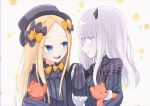  2girls abigail_williams_(fate/grand_order) bangs black_bow black_headwear blonde_hair blue_eyes blush bow commentary_request dress fate/grand_order fate_(series) hair_bow hat lavinia_whateley_(fate/grand_order) long_hair long_sleeves looking_at_viewer multiple_girls object_hug orange_bow parted_bangs polka_dot polka_dot_bow sato_(r017xts117) sleeves_past_fingers sleeves_past_wrists stuffed_animal stuffed_toy teddy_bear very_long_hair 