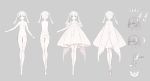  1girl absurdres ankle_wings bare_shoulders character_sheet closed_mouth collarbone commentary dot_nose dress fake_wings fingernails grey_background grey_eyes hatsune_miku highres long_eyelashes long_fingernails long_hair navel simple_background thighhighs twintails vocaloid white_dress white_footwear white_hair white_legwear wings yoggi_(stretchmen) 