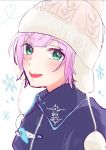  1girl :d beanie black_jacket blue_eyes blush collared_jacket hat heart highres jacket nijisanji open_mouth pink_hair simple_background smile snowflake_background solo tsumetsume_zerii upper_body upper_teeth virtual_youtuber white_background white_headwear yuuhi_riri 