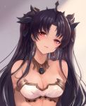  1girl armlet backlighting bare_shoulders black_hair blush breasts cleavage collarbone detached_collar earrings fate/grand_order fate_(series) hair_ornament head_tilt ishtar_(fate)_(all) ishtar_(fate/grand_order) jewelry leonmandala long_hair looking_at_viewer medium_breasts parted_lips red_eyes upper_body 